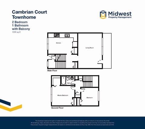 Floor plan for 2 beds, 1 bath, 1008 sqft