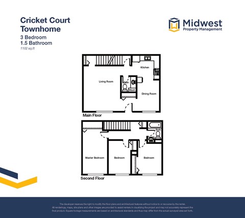Floor plan for 3 beds, 1.5 baths, 1102 sqft