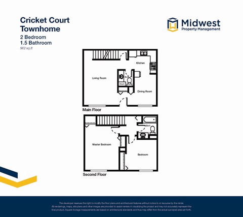 Floor plan for 2 beds, 1.5 baths, 962 sqft