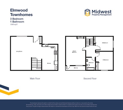 Floor plan for 3 beds, 2 baths, 1050 sqft
