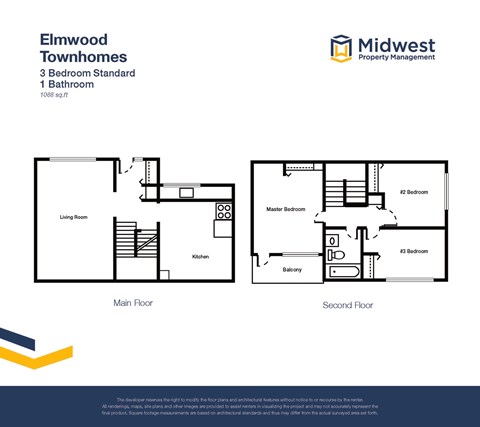 Floor plan for 3 beds, 1 bath, 1050 sqft