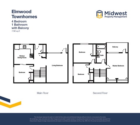 Floor plan for 4 beds, 1 bath, 1196 sqft
