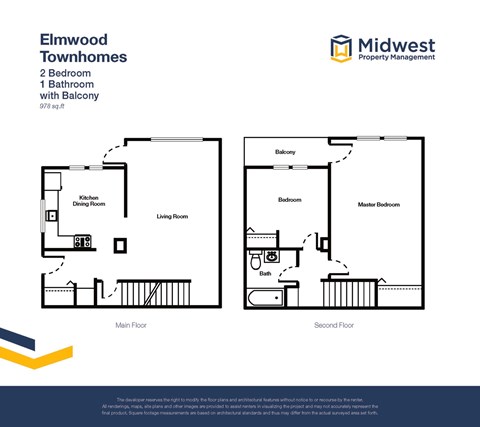 Floor plan for 2 beds, 1 bath, 978 sqft