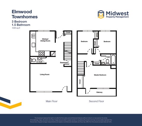 Floor plan for 3 beds, 1.5 baths, 1088 sqft