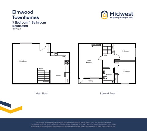 Floor plan for 3 beds, 1 bath, 1050 sqft