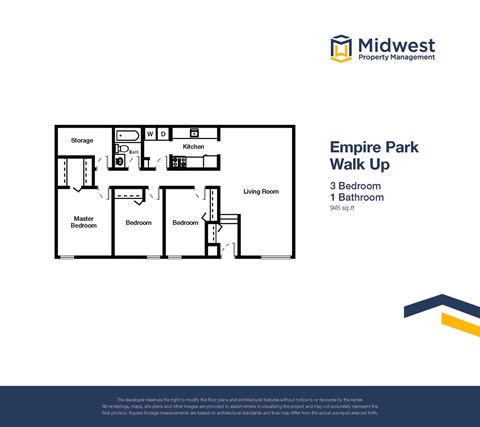 Floor plan for 3 beds, 1 bath, 945 sqft