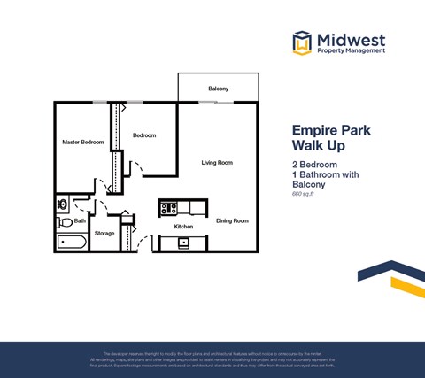 Floor plan for 2 beds, 1 bath, 660 sqft