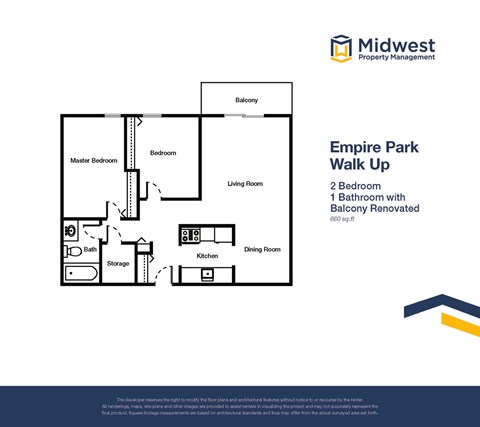Floor plan for 2 beds, 1 bath, 660 sqft