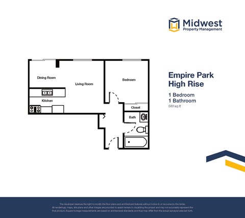 Floor plan for 1 bed, 1 bath, 580 sqft