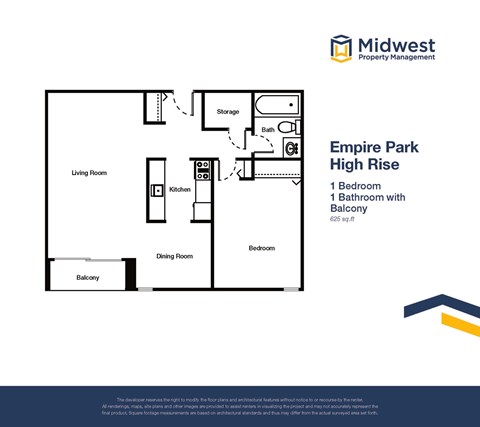 Floor plan for 1 bed, 1 bath, 625 sqft