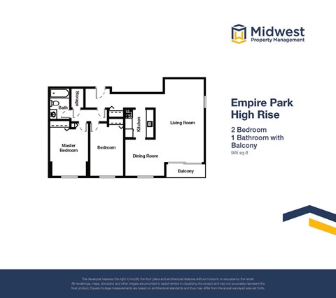 Floor plan for 2 beds, 1 bath, 945 sqft