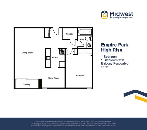 Floor plan for 1 bed, 1 bath, 625 sqft