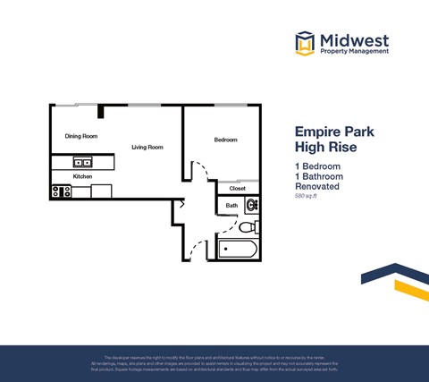 Floor plan for 1 bed, 1 bath, 580 sqft