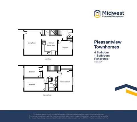 Floor plan for 4 beds, 1 bath, 1198 sqft