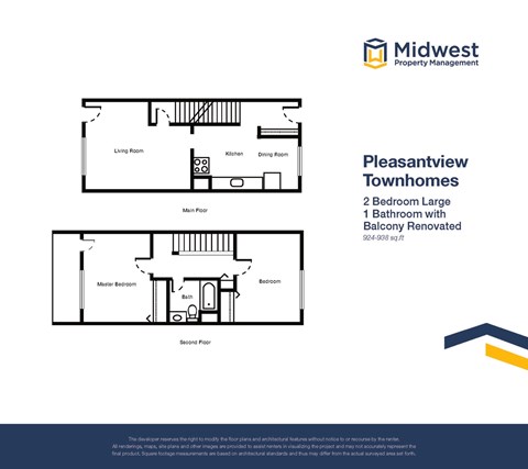 Floor plan for 2 beds, 1 bath, 938 sqft
