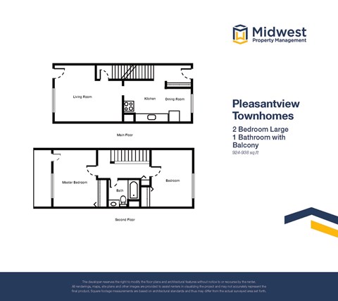 Floor plan for 2 beds, 1 bath, 938 sqft