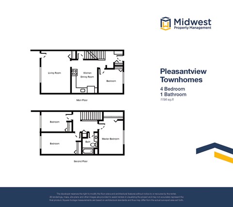 Floor plan for 4 beds, 1 bath, 1198 sqft