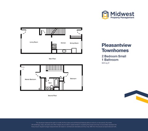 Floor plan for 2 beds, 1 bath, 924 sqft