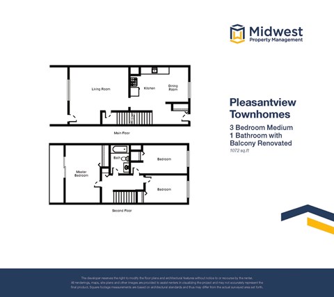 Floor plan for 3 beds, 1 bath, 1072 sqft