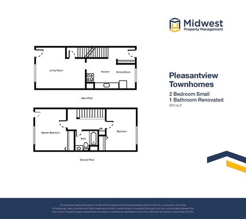 Floor plan for 2 beds, 1 bath, 924 sqft