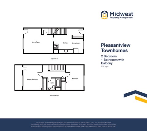 Floor plan for 2 beds, 1 bath, 938 sqft