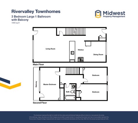 Floor plan for 3 beds, 1 bath, 1068 sqft