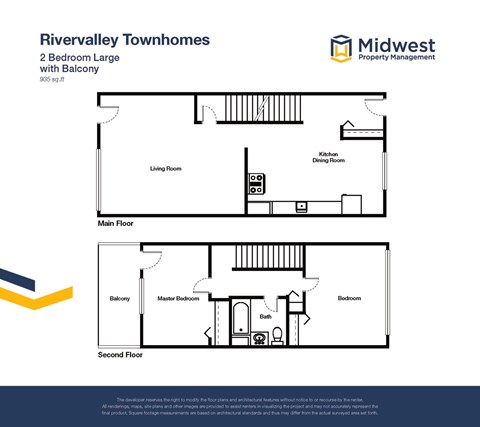 Floor plan for 2 beds, 1 bath, 935 sqft