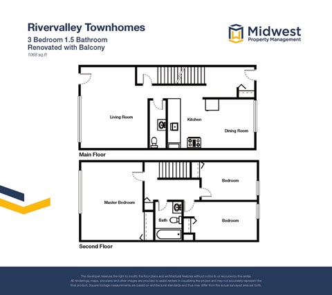 Floor plan for 3 beds, 1.5 baths, 1068 sqft