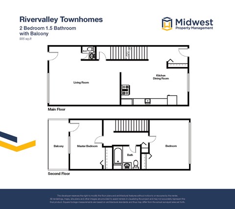 Floor plan for 2 beds, 1.5 baths, 935 sqft