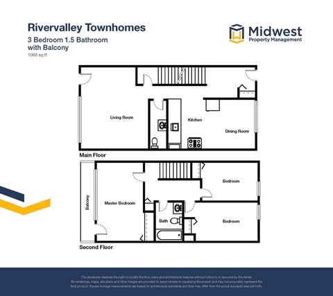 Floor plan for 3 beds, 1.5 baths, 1068 sqft
