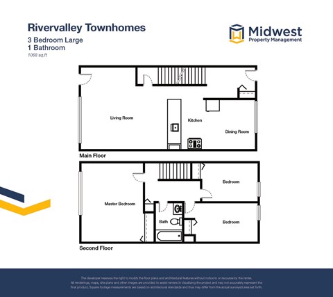 Floor plan for 3 beds, 1 bath, 1068 sqft