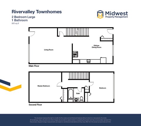 Floor plan for 2 beds, 1 bath, 935 sqft