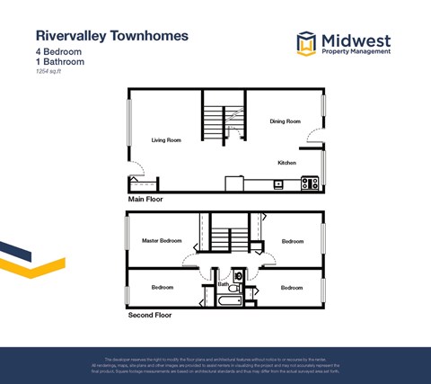 Floor plan for 4 beds, 1 bath, 1254 sqft
