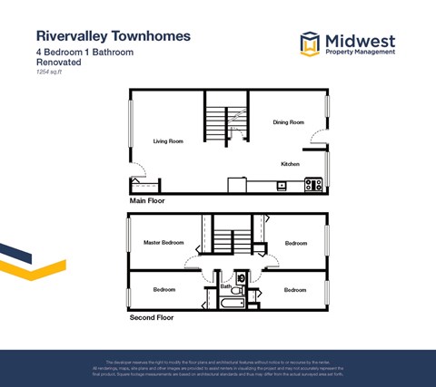 Floor plan for 4 beds, 1 bath, 1254 sqft