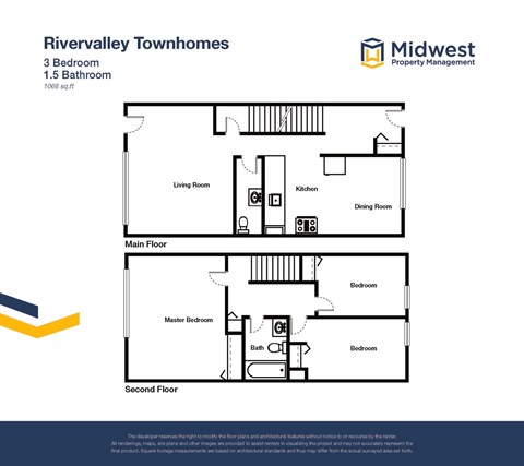 Floor plan for 3 beds, 1.5 baths, 1068 sqft