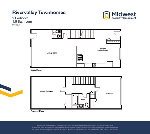 Floor plan for 2 beds, 1.5 baths, 935 sqft