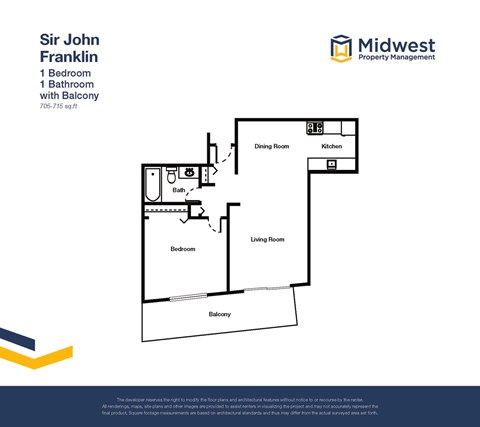 Floor plan for 1 bed, 1 bath, 715 sqft