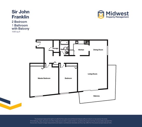 Floor plan for 2 beds, 1 bath, 1080 sqft