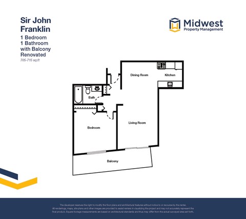 Floor plan for 1 bed, 1 bath, 715 sqft