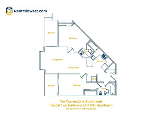 Floor plan for 2 beds, 2 baths, 896 sqft