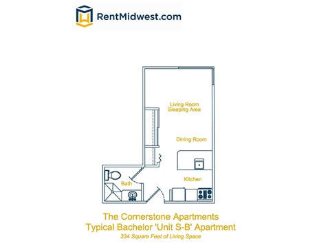 Floor plan for studio, 1 bath, 334 sqft