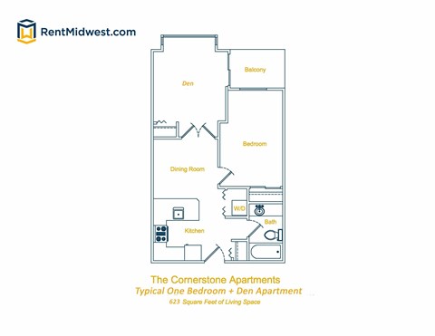 Floor plan for 1 bed, 1 bath, 623 sqft
