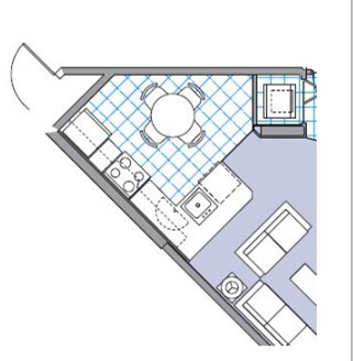 Floor plan for 1 bed, 1 bath, 538 sqft