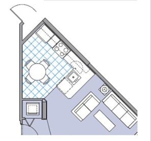 Floor plan for 1 bed, 1 bath, 543 sqft