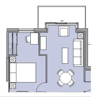 Floor plan for 2 beds, 1 bath, 728 sqft
