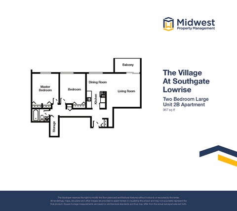 Floor plan for 2 beds, 1 bath, 967 sqft