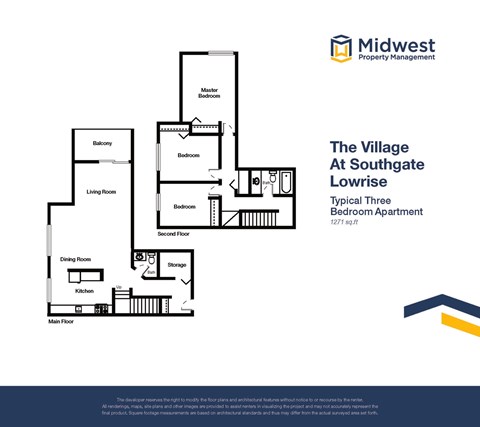 Floor plan for 3 beds, 1.5 baths, 1271 sqft