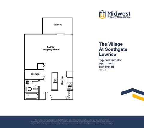 Floor plan for studio, 1 bath, 480 sqft