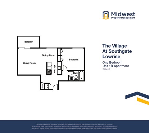 Floor plan for 1 bed, 1 bath, 700 sqft
