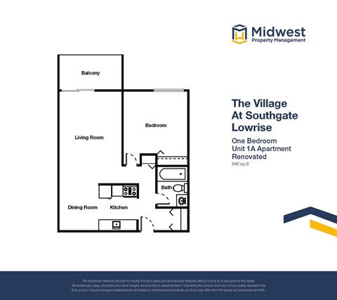 Floor plan for 1 bed, 1 bath, 646 sqft